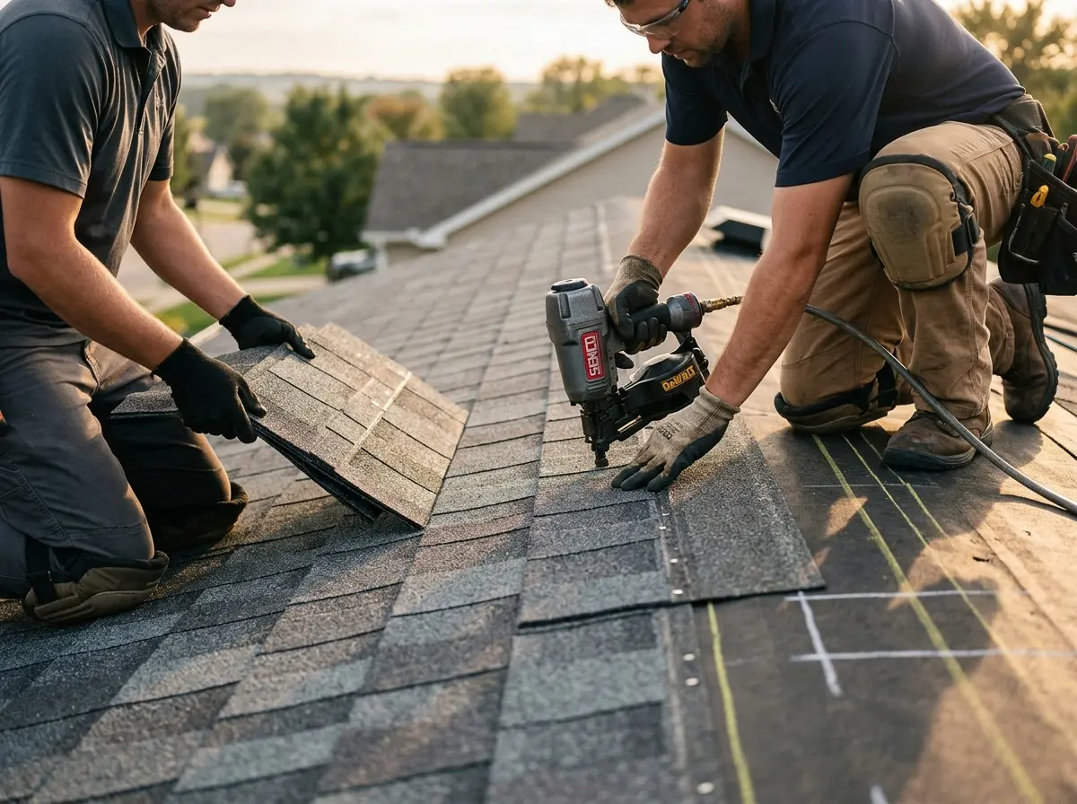 Professional roofer working on a residential roof in Kirkwood